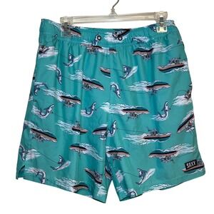 SAXX Swim Trunks Oh Bouy 2N1 Shark Wakeboarding Boat Blue Size Large
